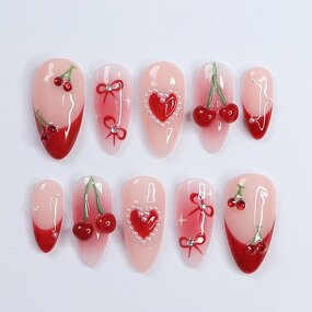 Valentine's Day Nails Factory - Red High Quality Almond Shape Handmade Love Bow Design