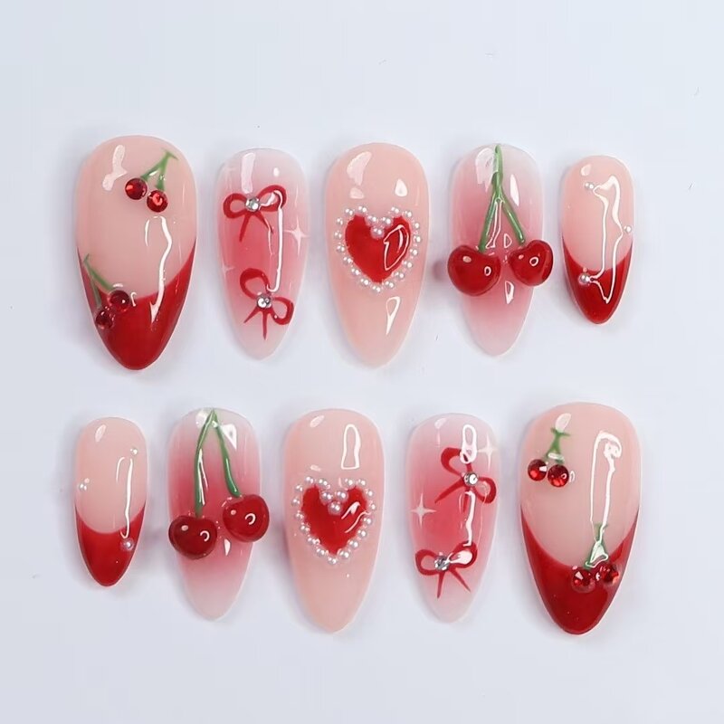 Valentine's Day Nails Factory - Red High Quality Almond Shape Handmade Love Bow Design