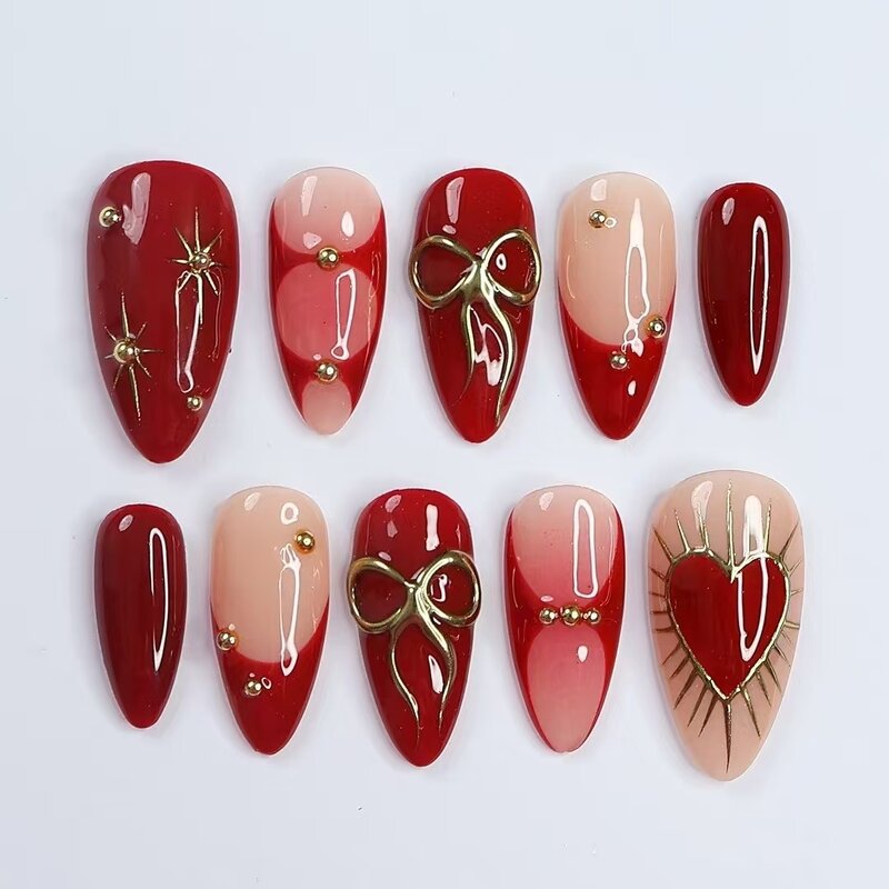 Valentine's Day Nails Factory - Red High Quality Almond Shape Handmade Love Bow Design