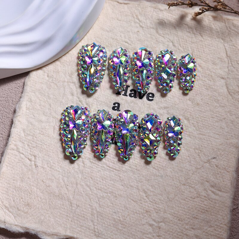 Rhinestone Nails Manufacturer - Handmade French Custom Acrylic 3D Romantic Almond