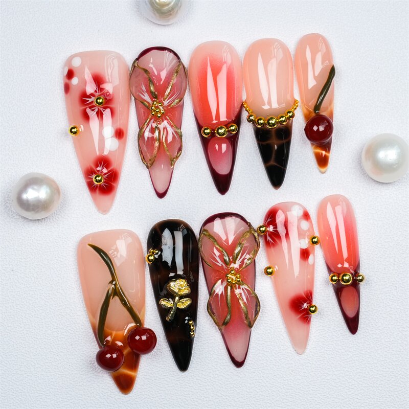 3D Flower Nails Factory - Handmade Luxury Almond Acrylic Diamond Tip Nails