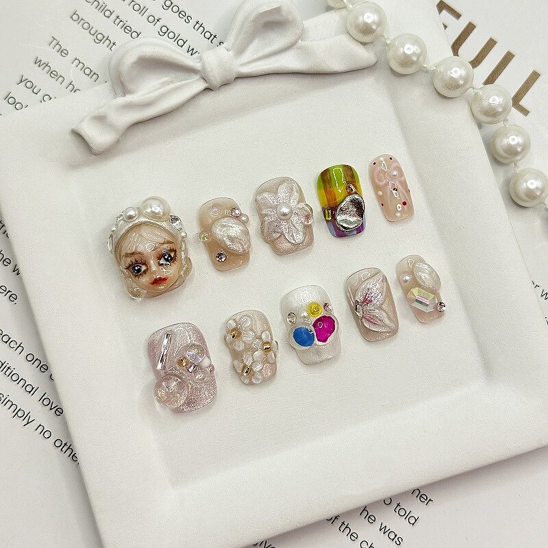 Pearl Rhinestone Nails Factory - Short Square Orange Beige Gel Luxury False Nail Design