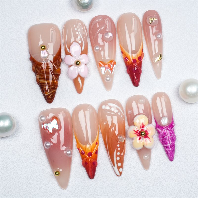 3D Flower Nails Factory - Handmade Luxury Almond Acrylic Diamond Tip Nails