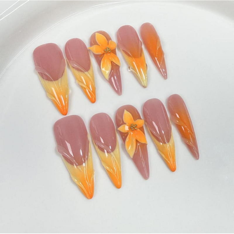 Autumn Winter Nails Supplier - 10 Pcs Full Cover 3D Carved French Art Almond Stiletto