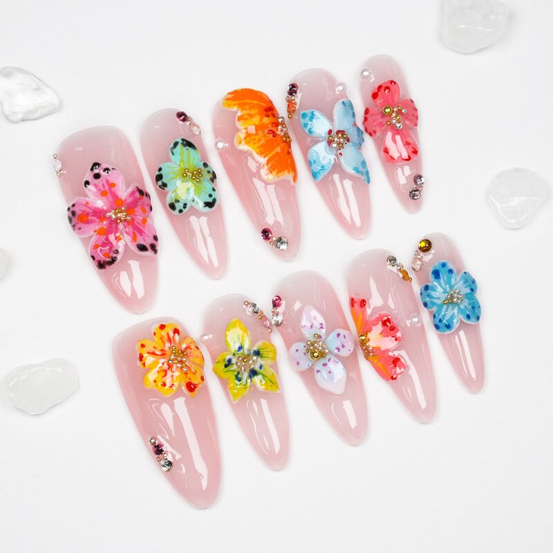 Press Nails Manufacturer - Luxury Handmade Almond 3D Flower Acrylic False Nails