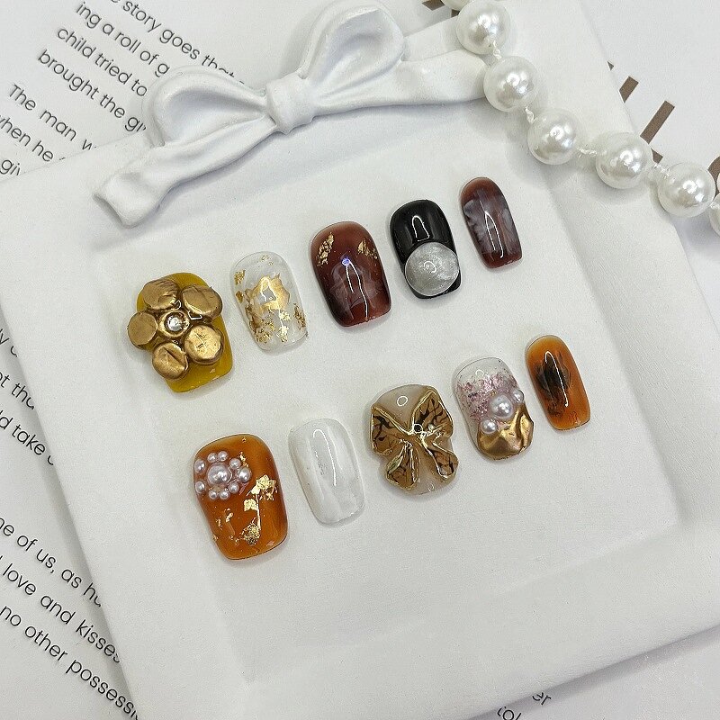 Pearl Rhinestone Nails Factory - Short Square Orange Beige Gel Luxury False Nail Design