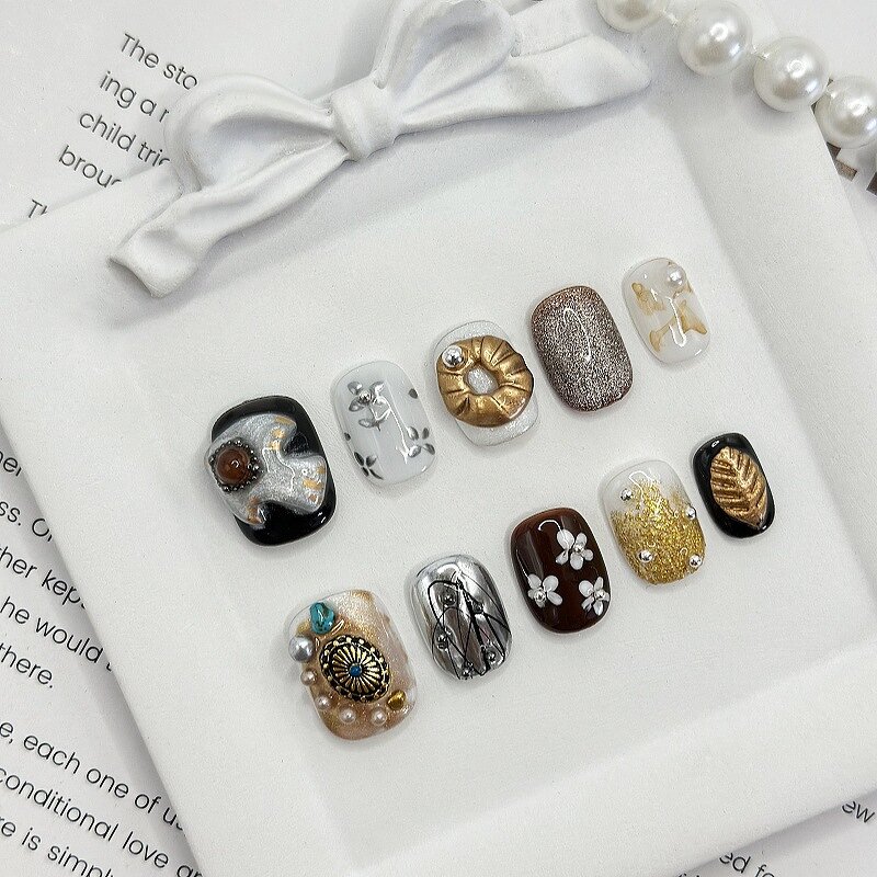 Pearl Rhinestone Nails Factory - Short Square Orange Beige Gel Luxury False Nail Design