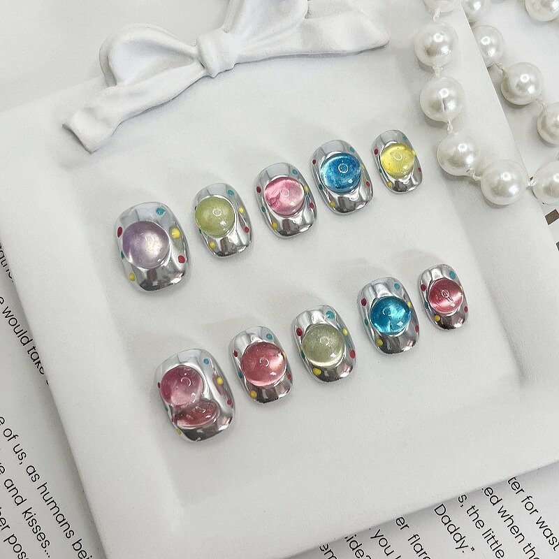 Pearl Rhinestone Nails Factory - Short Square Orange Beige Gel Luxury False Nail Design