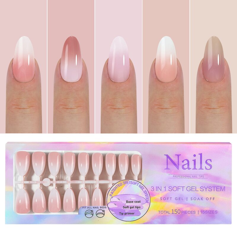 Gradient Nail Tips Supplier - Luxury 150pcs French Pink Almond Square Press on Tips