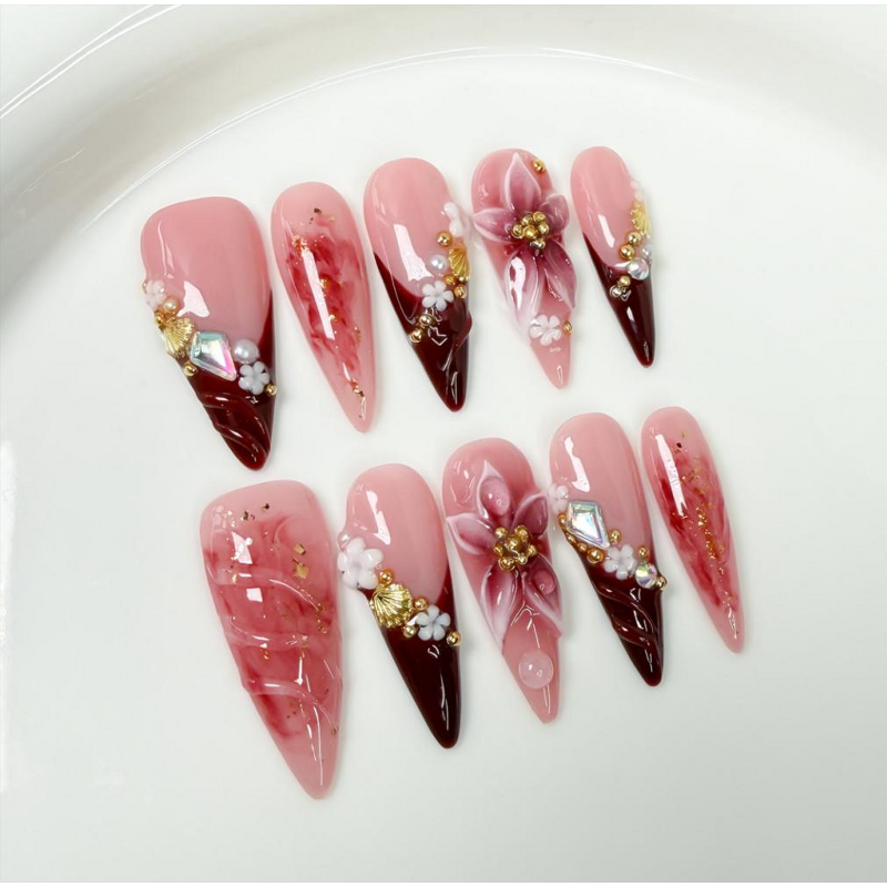 Autumn Winter Nails Supplier - 10 Pcs Full Cover 3D Carved French Art Almond Stiletto