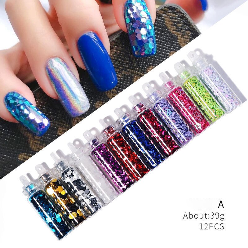 Nail Ornament Set Factory - 48-Color Glass Bottle Glitter Hex Caviar DIY Set