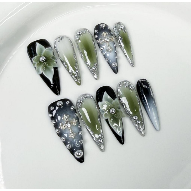 Autumn Winter Nails Supplier - 10 Pcs Full Cover 3D Carved French Art Almond Stiletto