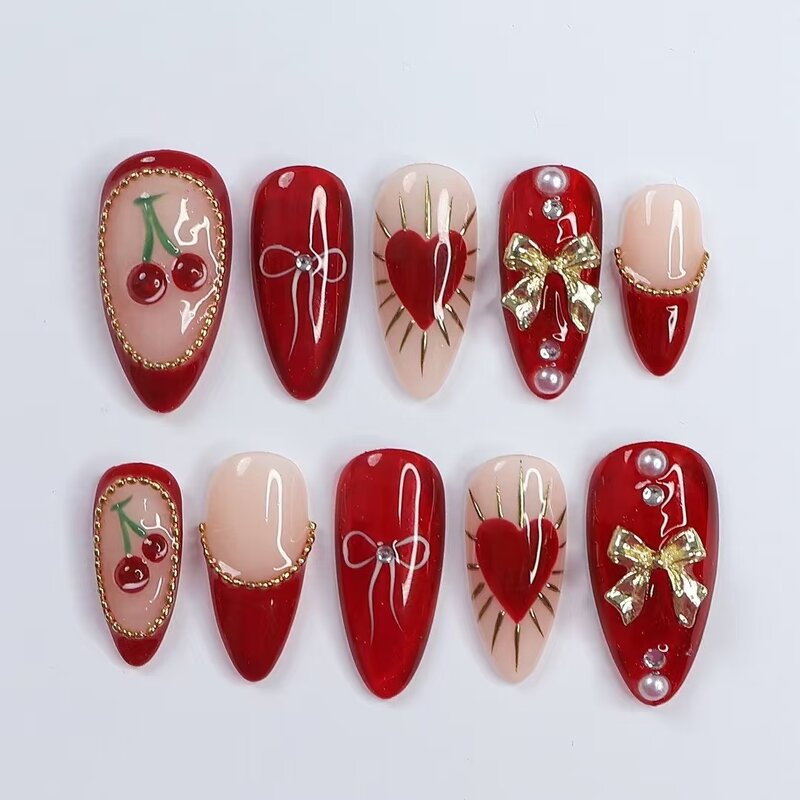 Valentine's Day Nails Factory - Red High Quality Almond Shape Handmade Love Bow Design