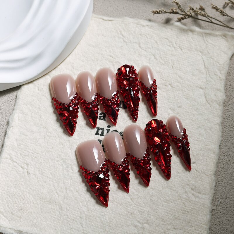 Rhinestone Nails Manufacturer - Handmade French Custom Acrylic 3D Romantic Almond