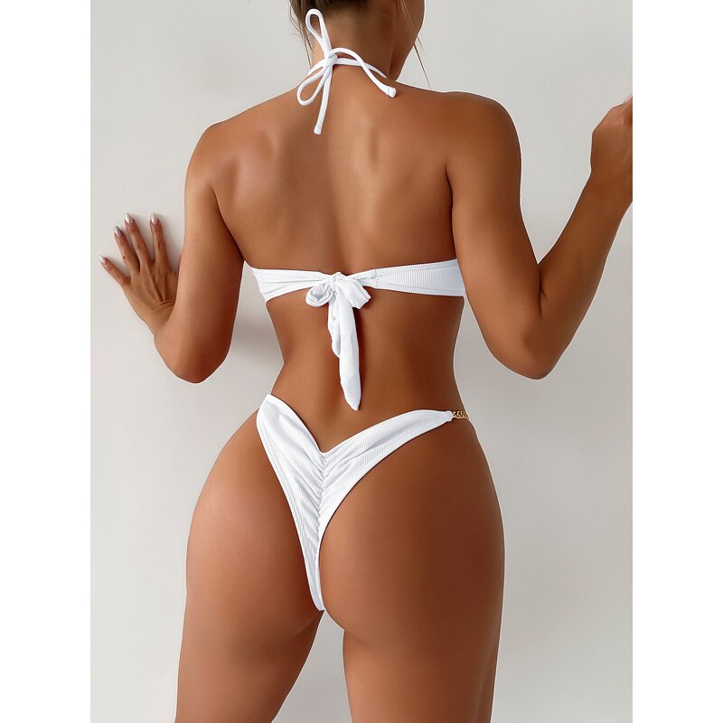 Ladies Bikini Set Supplier - Newest Hot Sexy Stripes Bandeau Metal Chain