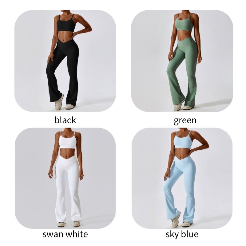 Women Gym Leggings Set Supplier - Custom Logo Crop Top Flare Pants Scrunched Hip