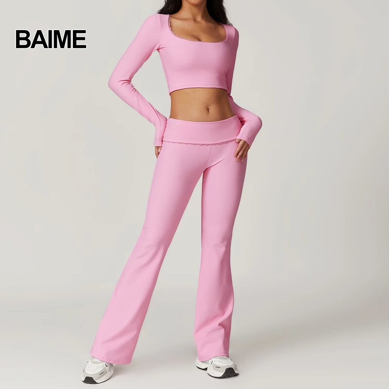 Women Two Piece Outfit Factory - Trendy Y2k Long Sleeve Lace Crop Top Flare Pants