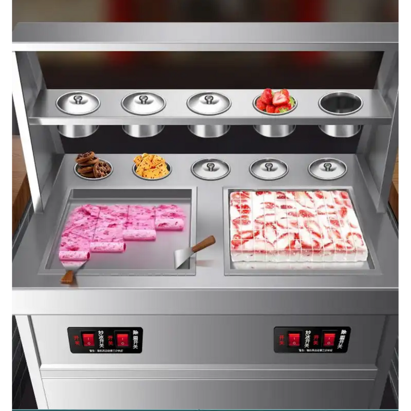 Ice Cream Roll Machine Manufacturer - 50L/H Double Square Pan Fry with 5 Barrels