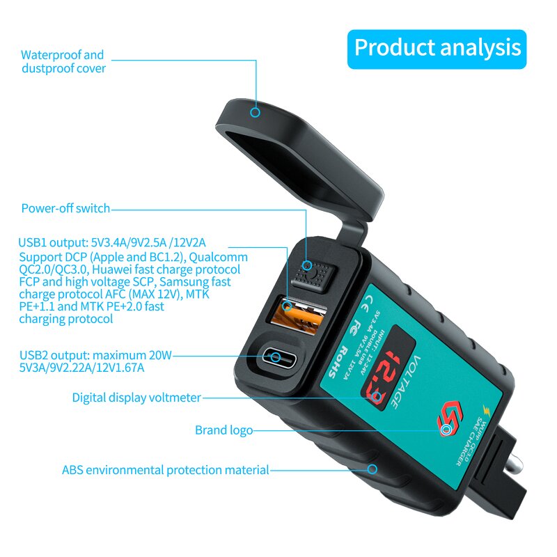 Motorcycle USB Charger Manufacturer - Dual Port 3.0 with Voltmeter for Smartphone