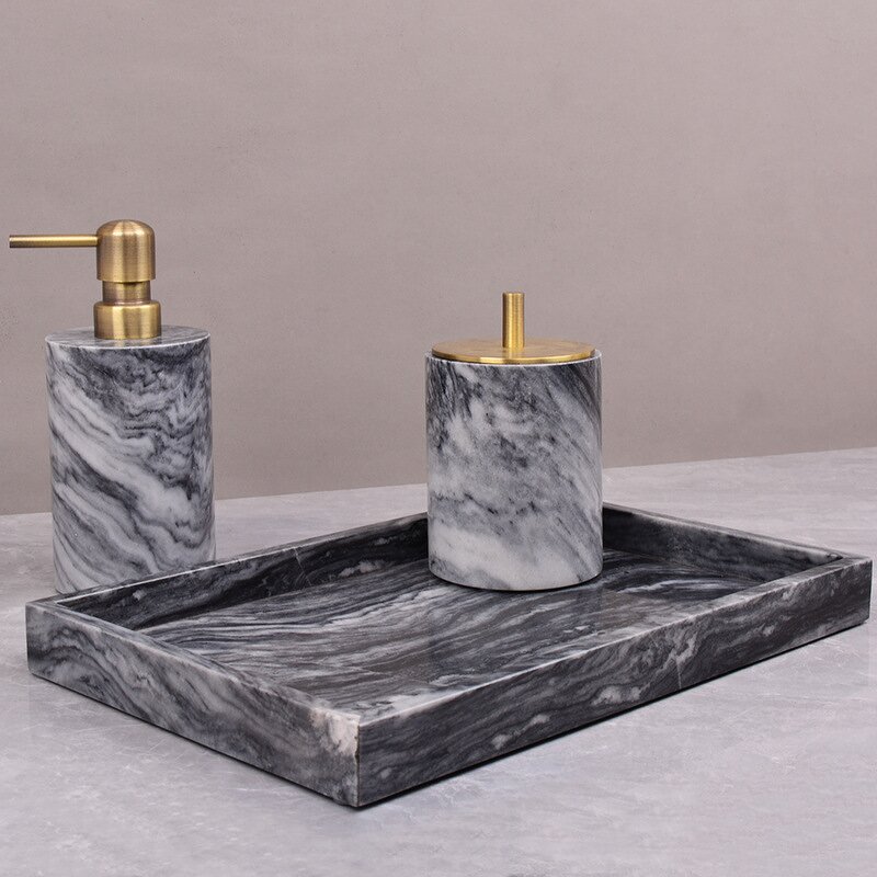 Bathroom Accessories Set Manufacturer - Hotel Grey Marble Soap Dispenser Set Marble Resin Bathroom Set