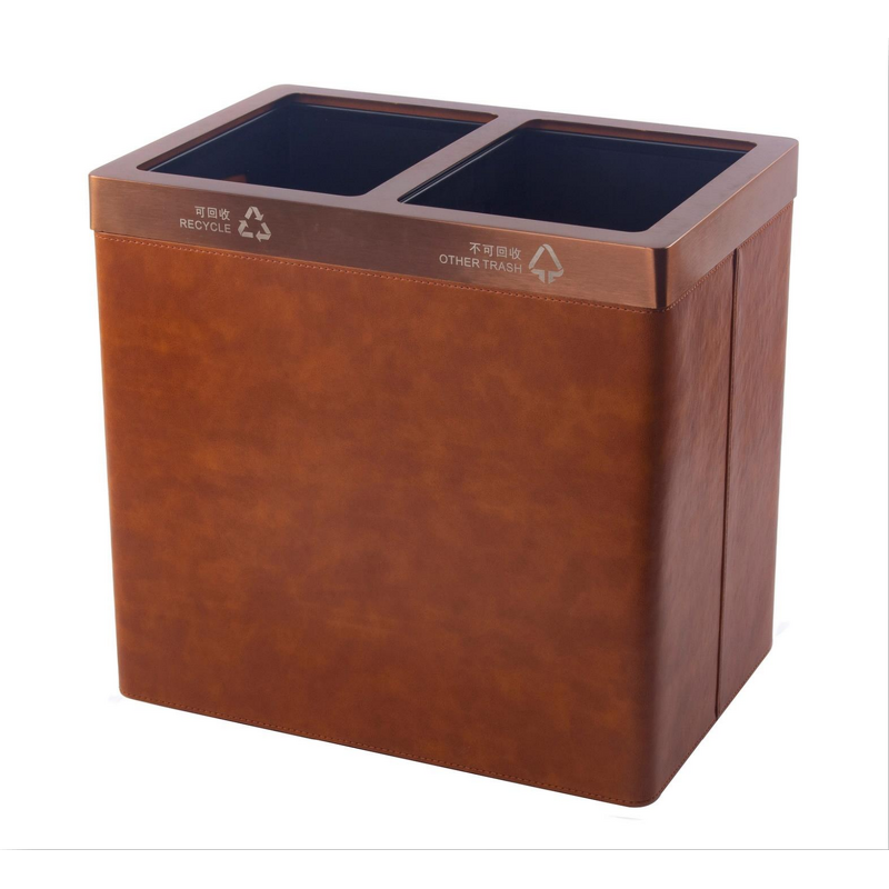 Trash Can Manufacturer - Garbage Container Bin With Handles for Bathrooms and High Class Hotel Square Brown Pu Leather Wastebasket