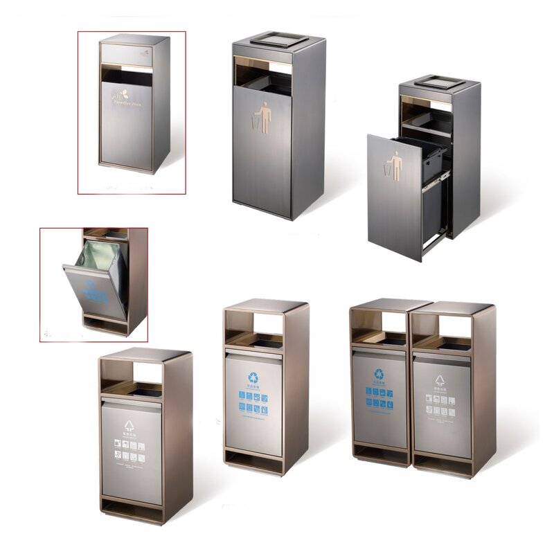 Public Recycling Trash Can Manufacturer - Hotel Lobby Elevator Stainless Steel Outdoor Standing Square