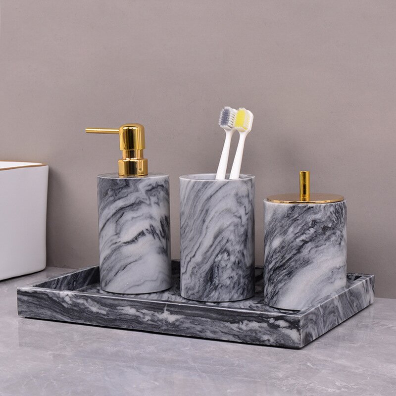 Bathroom Accessories Set Manufacturer - Hotel Grey Marble Soap Dispenser Set Marble Resin Bathroom Set