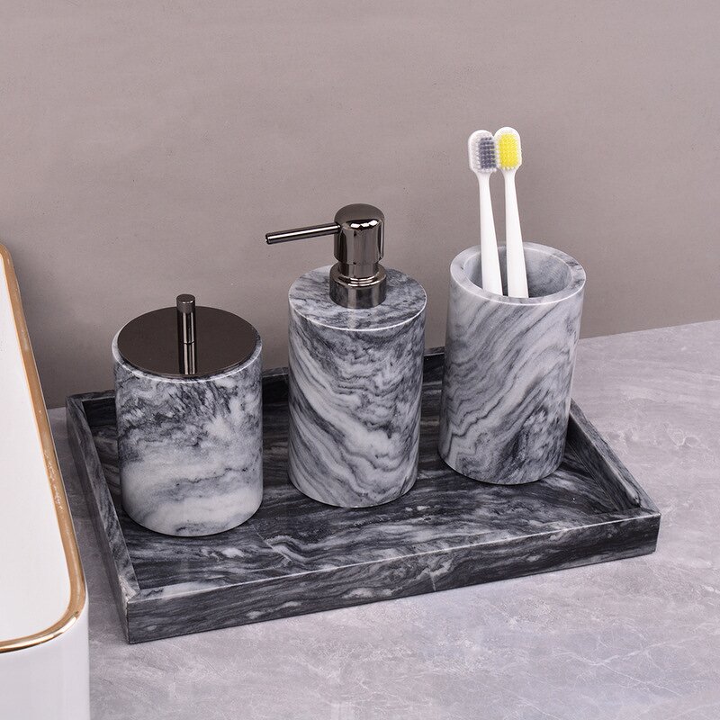Bathroom Accessories Set Manufacturer - Hotel Grey Marble Soap Dispenser Set Marble Resin Bathroom Set