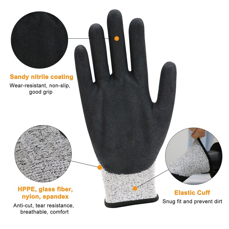 Cut Resistant Gloves - ANSI Level 5 HPPE Seamless Nitrile Grip
