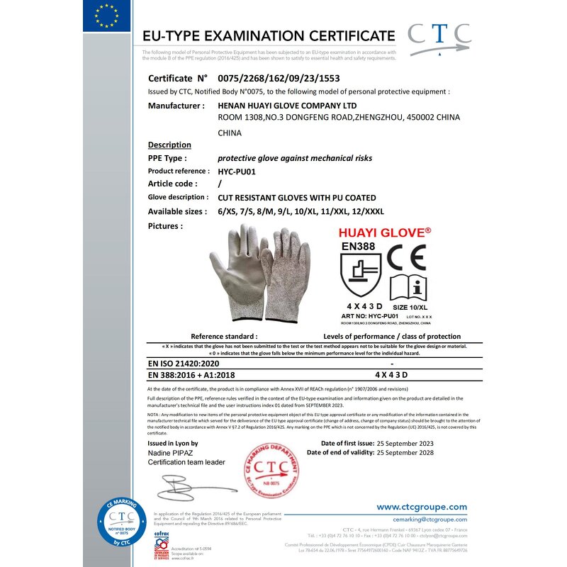 Cut Resistant Gloves - Level 5 HPPE PU Coated for Construction