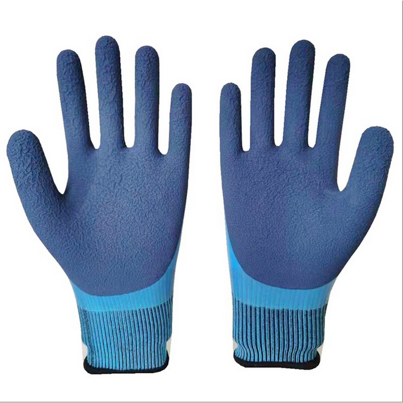 Waterproof Gloves - Blue Latex Fully Coated Double Palm Grip for Work