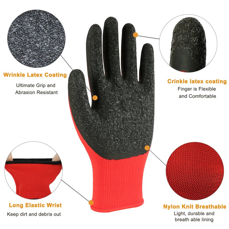 Safety Gloves - XL Size Red Black Latex Coated for Industrial