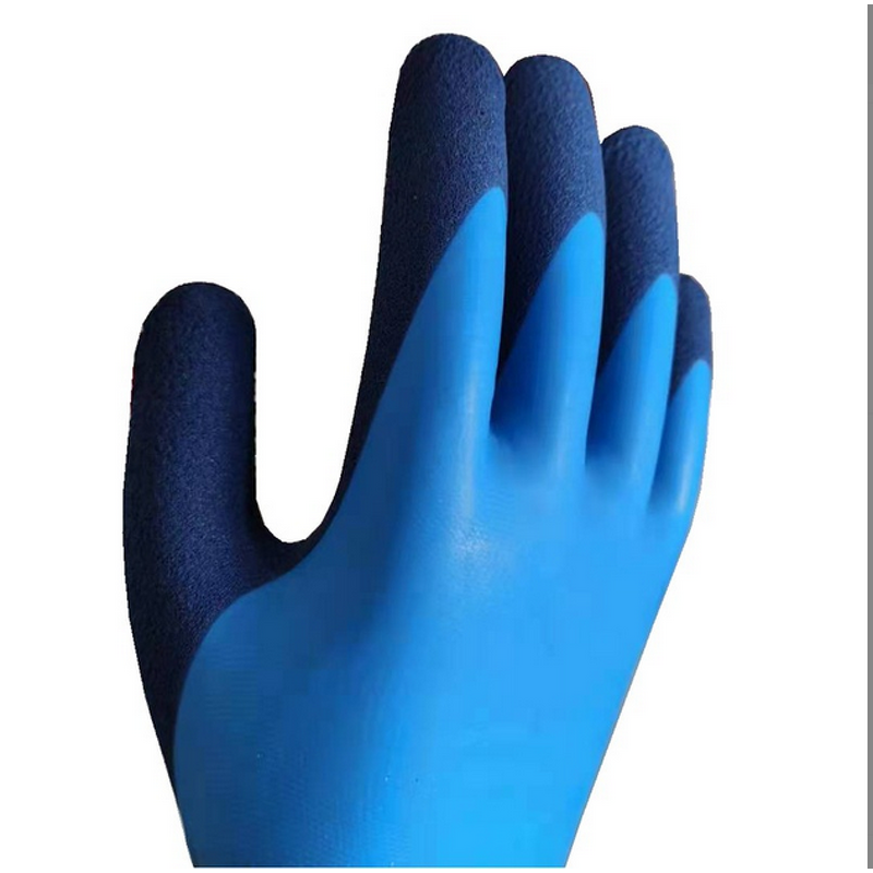 Waterproof Gloves - Blue Latex Fully Coated Double Palm Grip for Work