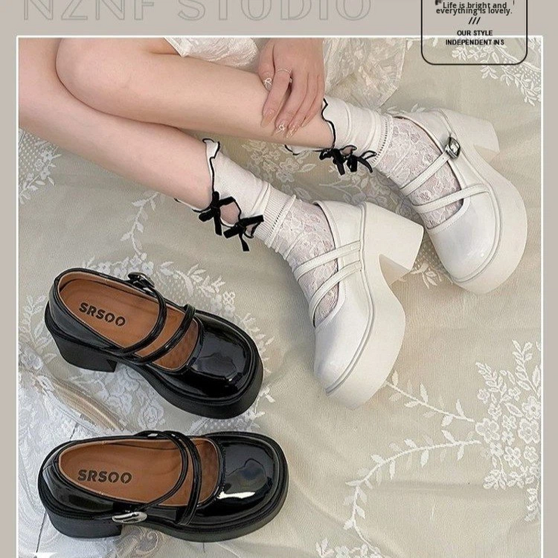 Flats Manufacturer - Fashion Black Thick-Soled Chunky Heel Women's Leather