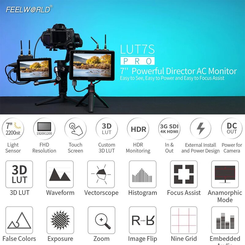 FEELWORLD LUT7S - 7 Inch Ultra Bright 2200nits DSLR Camera Field Monitor 3G-SDI 4K