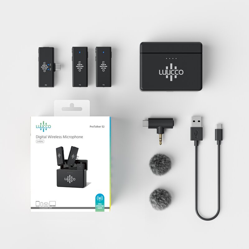 Luucco Talker S2 - Wireless Lavalier Microphone 2.4Ghz 250ft Range with Charging Case