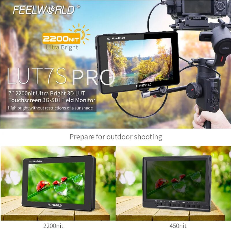 FEELWORLD LUT7S - 7 Inch Ultra Bright 2200nits DSLR Camera Field Monitor 3G-SDI 4K