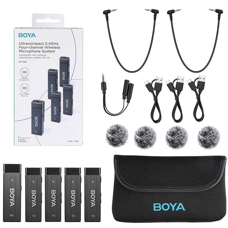 BOYA BY-W4 - 4-Channel Wireless Lavalier Lapel Microphone for iPhone Camera