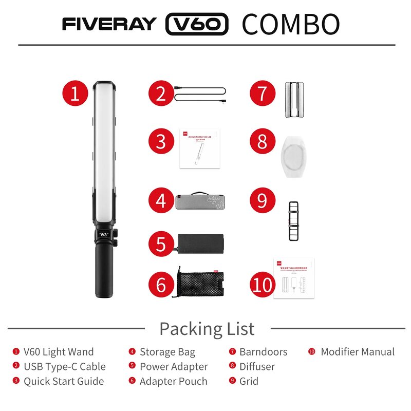 ZHIYUN FIVERAY V60 - 60W LED Stick Video Light 2700K-5500K with Knob Adjustment