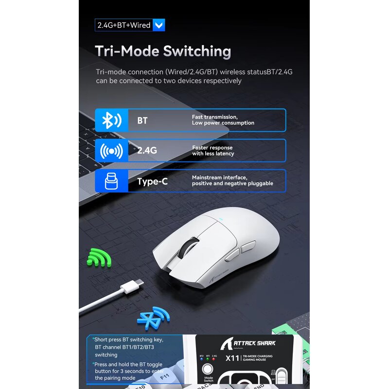 Attack Shark X11 - 3-Mode Connection PAW3311 400IPS 22K000DPI RGB Wireless Mouse