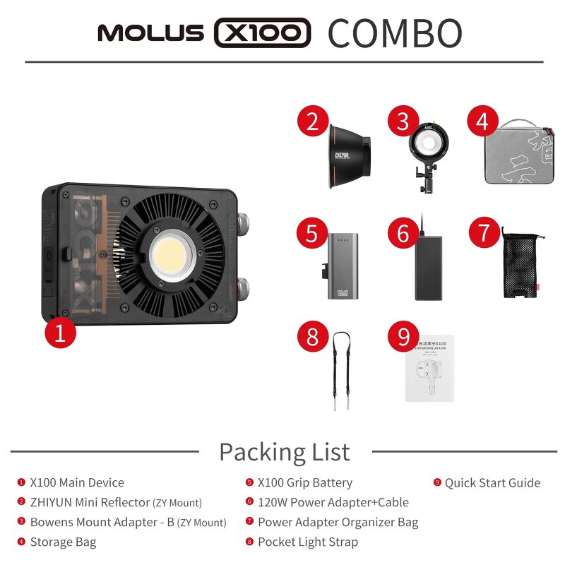 ZHIYUN MOLUS X100 Combo - 100W COB LED Light Outdoor Photography Lighting