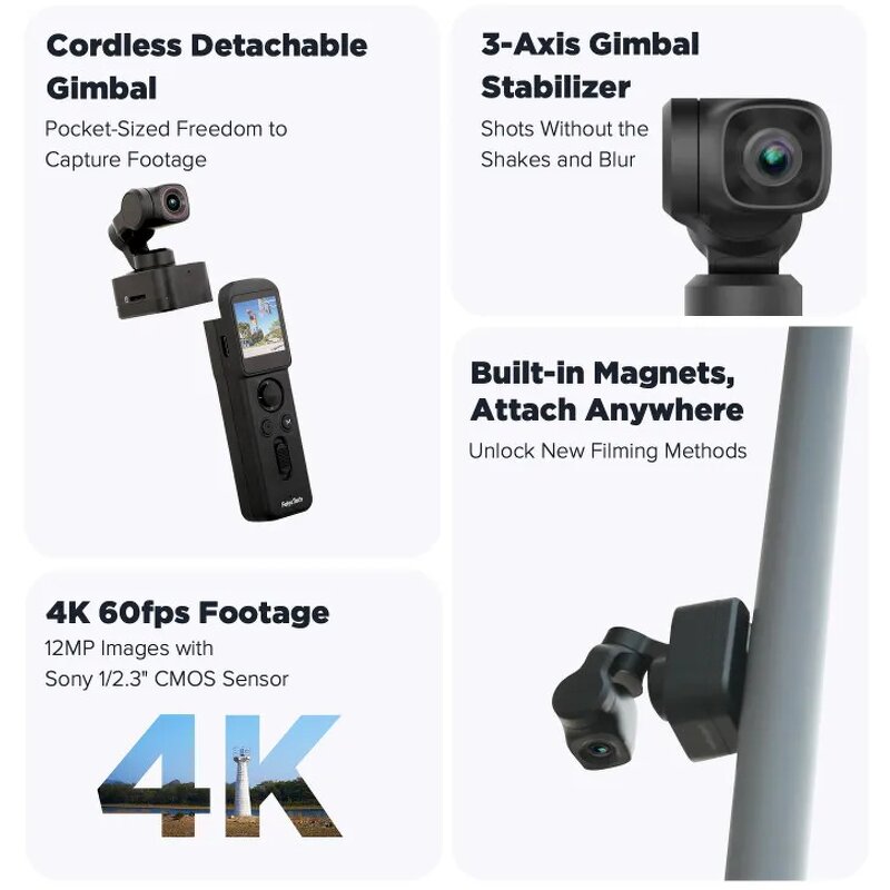 FeiyuTech Feiyu Pocket 3 - Cordless Detachable 3-Axis Stabilizer Gimbal Camera 4K60fps