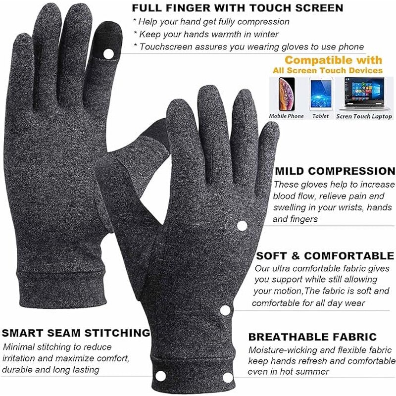 Heated Spandex Gloves - Grey Touchscreen Compression for Arthritis Pain Relief
