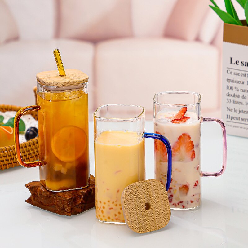 Glass Coffee Cup - Transparent with Bamboo Lid Color Handle & Straw