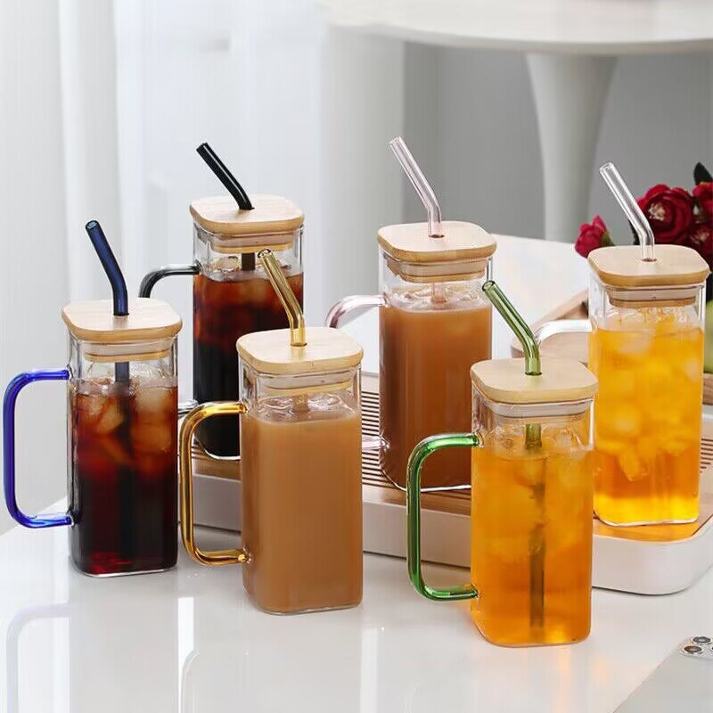 Glass Coffee Cup - Transparent with Bamboo Lid Color Handle & Straw