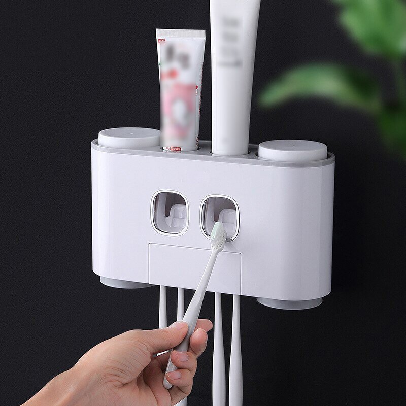 Toothpaste Dispenser Set - Wall Mounted Hands Free with Toothbrush Holder