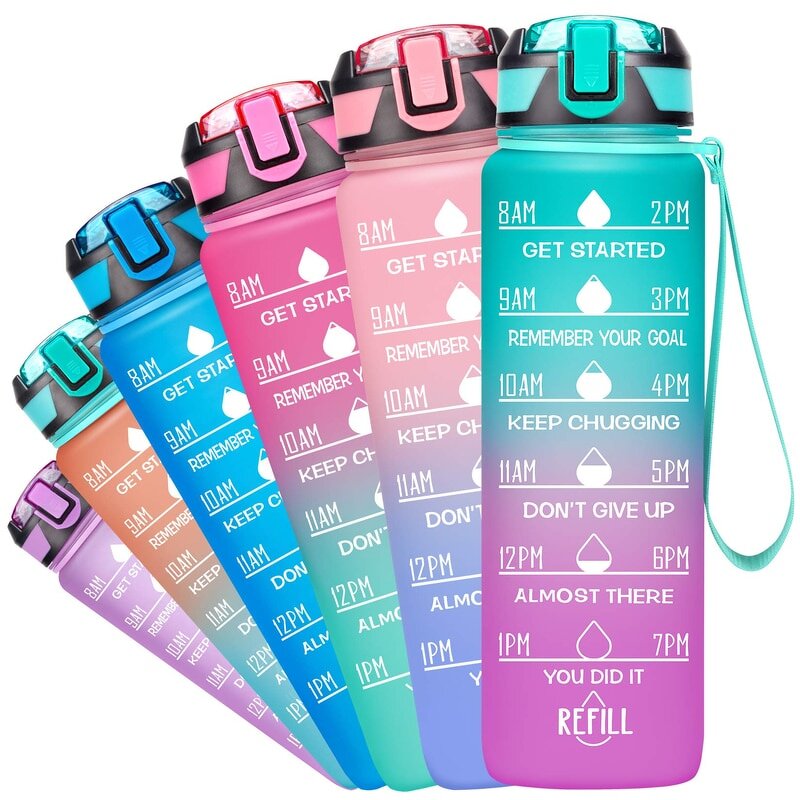 Sports Water Bottle - 32oz BPA-Free Tritan with Straw & Time Marker