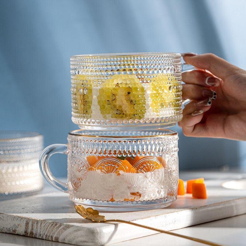 Glass Tea Cups - Clear Vintage Embossed for Cold & Hot Drinks