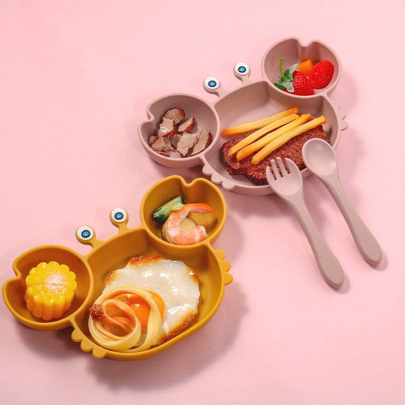 Baby Dinner Set - 100% Silicone Crab Tray Spoon Fork BPA-Free