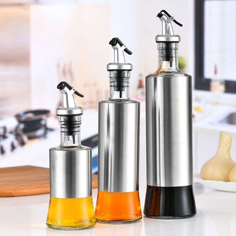 Oil Dispenser Bottle - Glass Stainless Steel for Kitchen Oil & Vinegar